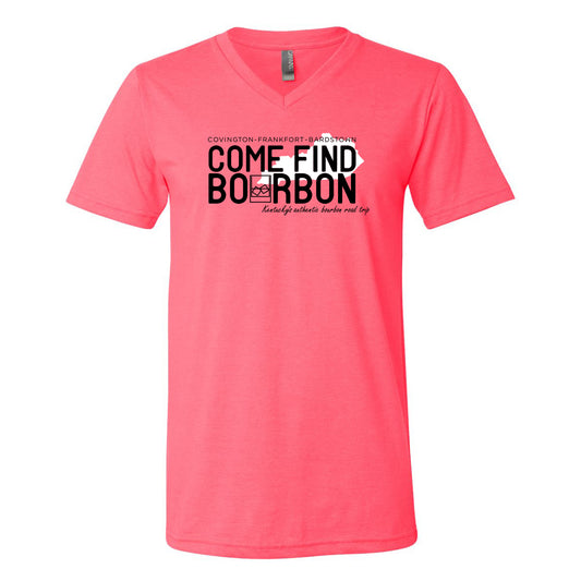 Come Find Bourbon V-Neck Jersey T-Shirt - Neon Pink